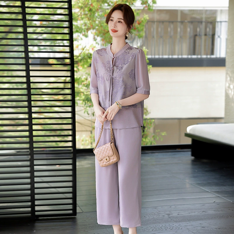 Летний костюм для матери среднего возраста, новый китайский стиль, модный элегантный, женский костюм-двойка для похудения и в западном стиле для женщин среднего и пожилого возраста.