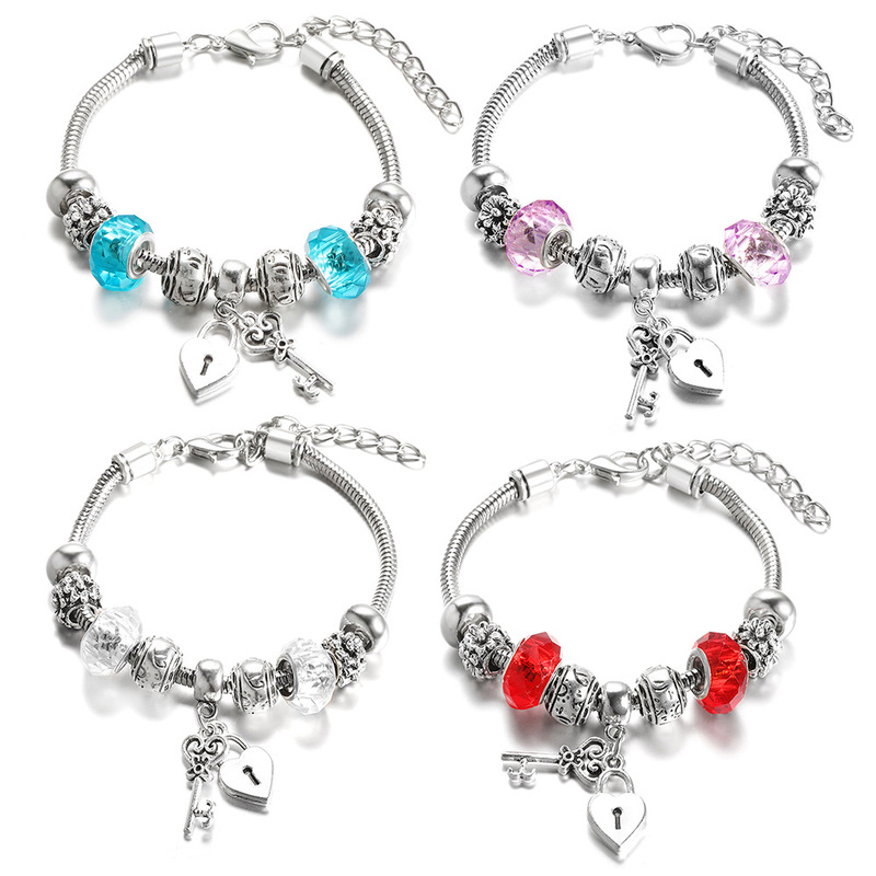 Charm heart key lock 5 colorful beaded bangle lobster clasp adjustable snake chain for women high quality bracelet