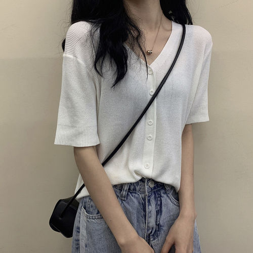 V-neck women's spring and summer 2025 retro gentle thin ice silk short-sleeve black short bm knit sweater