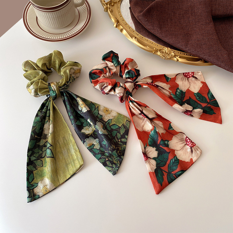 Korean Style Rose Hair Loop Green Oil Painting Hair Band 2025 New Style Large Intestine Strap horsetail Women's Hair Tie Retro Headline Korean Style Rose Hair Loop Green Oil Painting Hair Band 2025 New Style Large Intestine Strap horsetail Women's Hair Tie Retro Headline