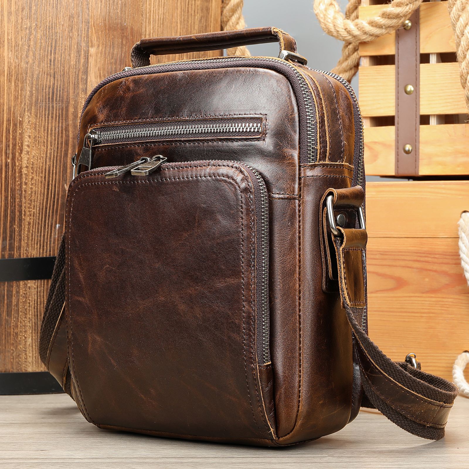 Malunte genuine leather shoulder messenger bag retro mad horse leather shoulder bag multi-functional cross-border cowhide messenger bag_ipsvogv.com