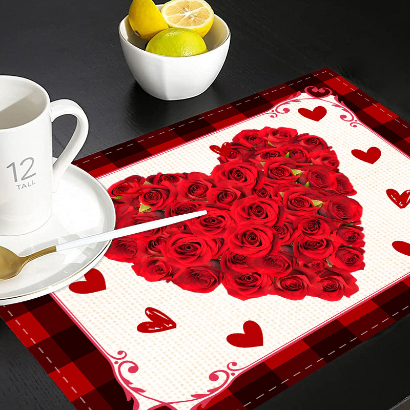 Christmas New Valentine's Day linen printed placemat festival love western restaurant heat insulation and anti fouling table mat_voghion.com