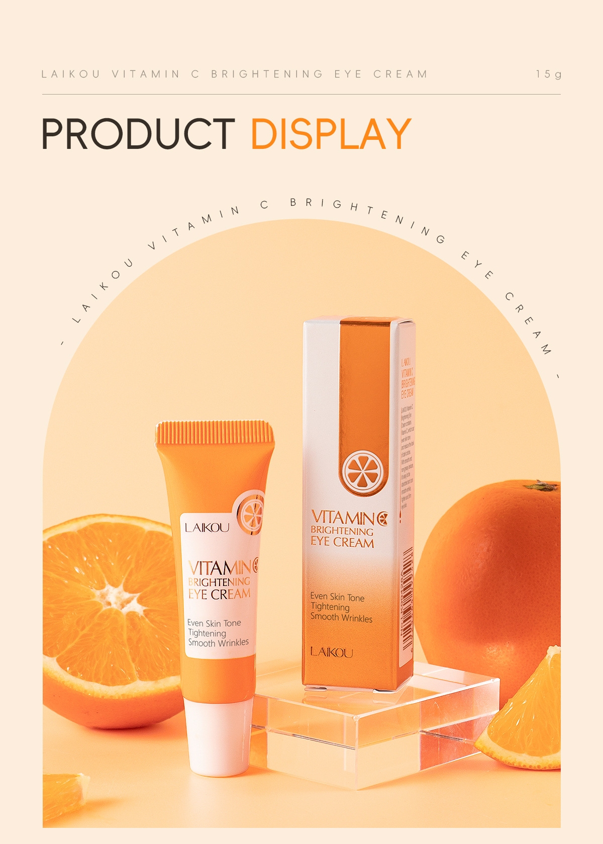Cross-border laikou Vitamin c Eye Cream 15g hydrates, moisturizes and cares for the skin around the eyes to brighten the complexion. Factory wholesale undefined