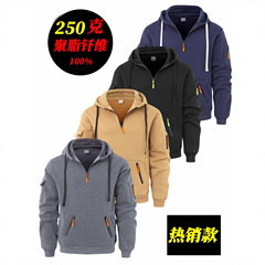 2025抓绒连帽衫跨境男士套装拉链口袋装饰卫衣秋季纯色男士卫衣