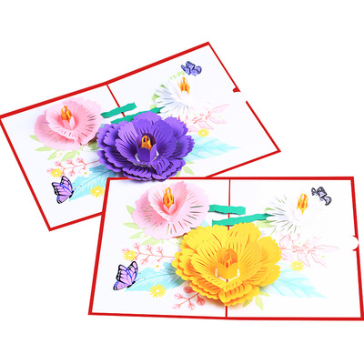 厂家供应彩印3d立体花朵镂空纸雕贺卡跨境对折弹出花类通用祝福卡|ru