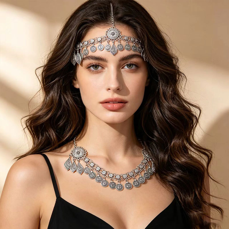 Women's High-End Vintage Hair Chain Headpiece Necklace Dual-Use Bohemian Ethnic Style Tassel Coin Forehead Chain
