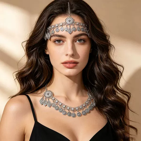 Women's High-End Vintage Hair Chain Headpiece Necklace Dual-Use Bohemian Ethnic Style Tassel Coin Forehead Chain