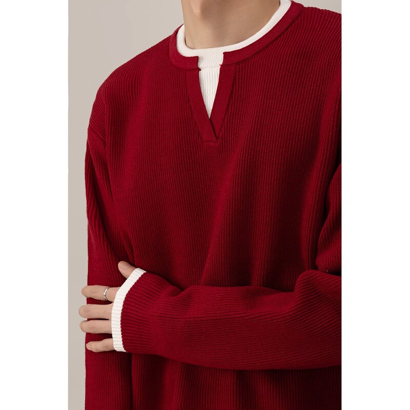 Fake Two-piece Design Red V-neck Sweater Men's Autumn and Winter New Year's Knitwear Inner Coat New Year's Top Fake Two-piece Design Red V-neck Sweater Men's Autumn and Winter New Year's Knitwear Inner Coat New Year's Top