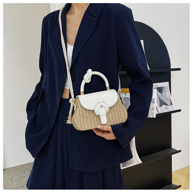 Travel, Party Occasion Women's Medium Straw Color Block Vacation Beach Weave Square Lock Clasp Straw Bag