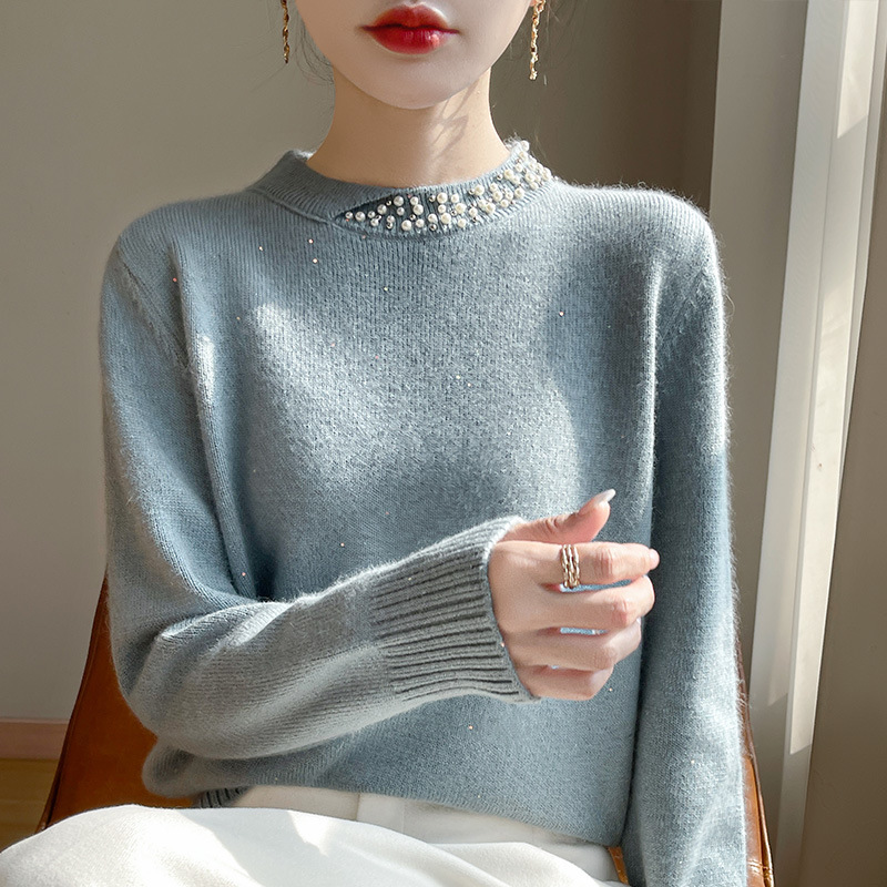 Foreign-style European-style Nail Bead Chanel Style Knitted Sweater Women's Round Neck Base Shirt Loose Slimming Autumn and Winter Bean Sand Sweater