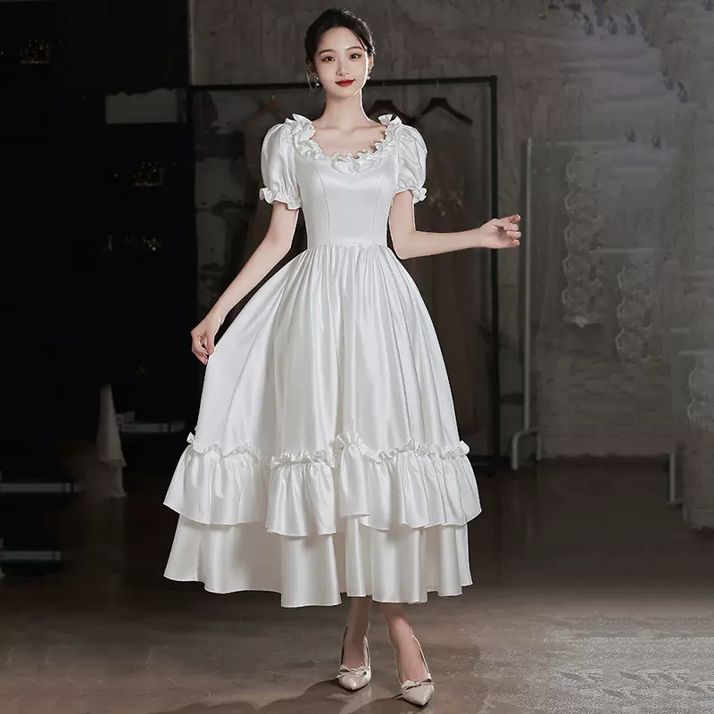 白色晚礼服复古缎面轻婚纱新娘礼服登记领证小白裙仙气宫廷风公主