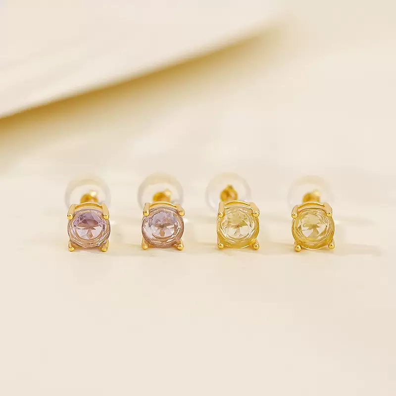悦宝珠宝天然水晶耳饰S925纯银紫水晶黄水晶切面圆形几何耳钉现货