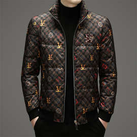 中青年欧洲站男户外羽绒服2024冬季商务字母加厚保暖立领潮流代发