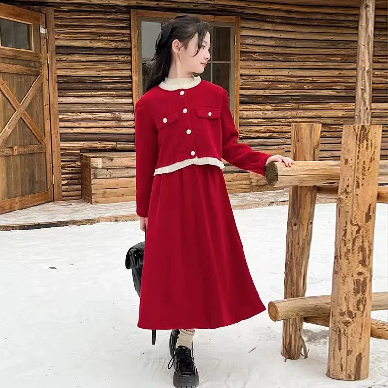 Небольшой красный осенний комплект, юбка для учащихся начальной школы, стиль Chanel