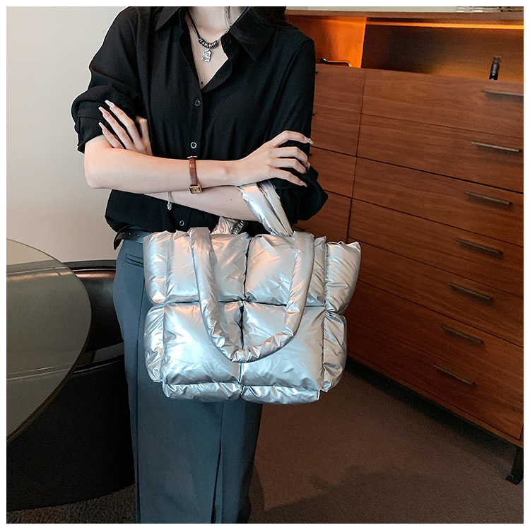 Down Bag Women Fashion Large Capacity Tote Bag High grade Shiny Handbag Simple Checkered Cotton Bag Shoulder Bag_voghion.com