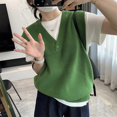 KANINGレトロ純色vネックニット馬甲女2025秋新作韓国風デザイン感セーターベスト女