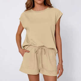 欧美跨境2026亚马逊外贸春夏新款圆领宽松短袖上衣短裤两件套女装