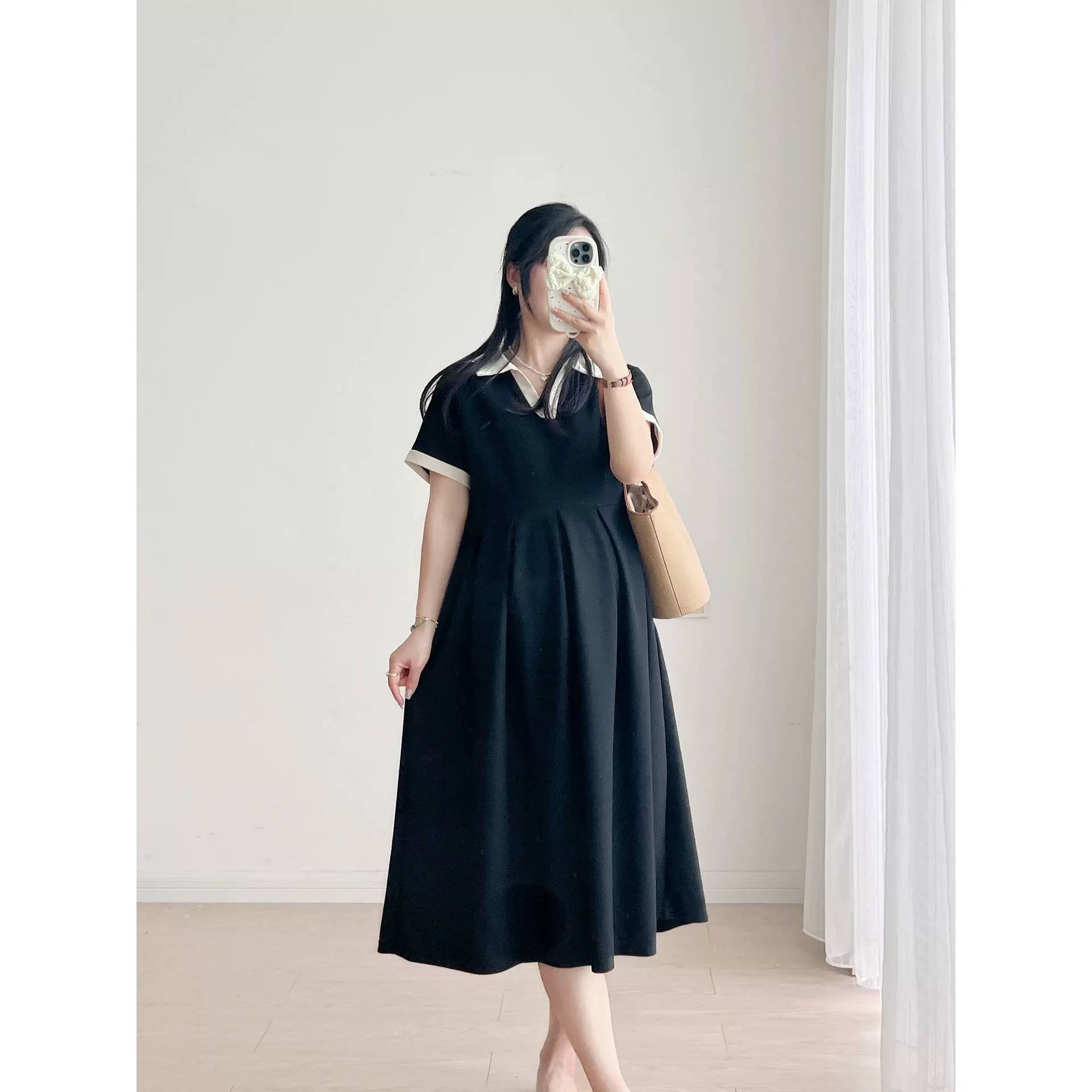 Летнее платье для беременных корейское платье 2025 новый летний тонкий черный большой размер летней юбки для беременных