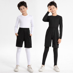 兒童緊身衣套裝 白色運動訓練打底衣 足籃球高彈速干透氣健身服裝