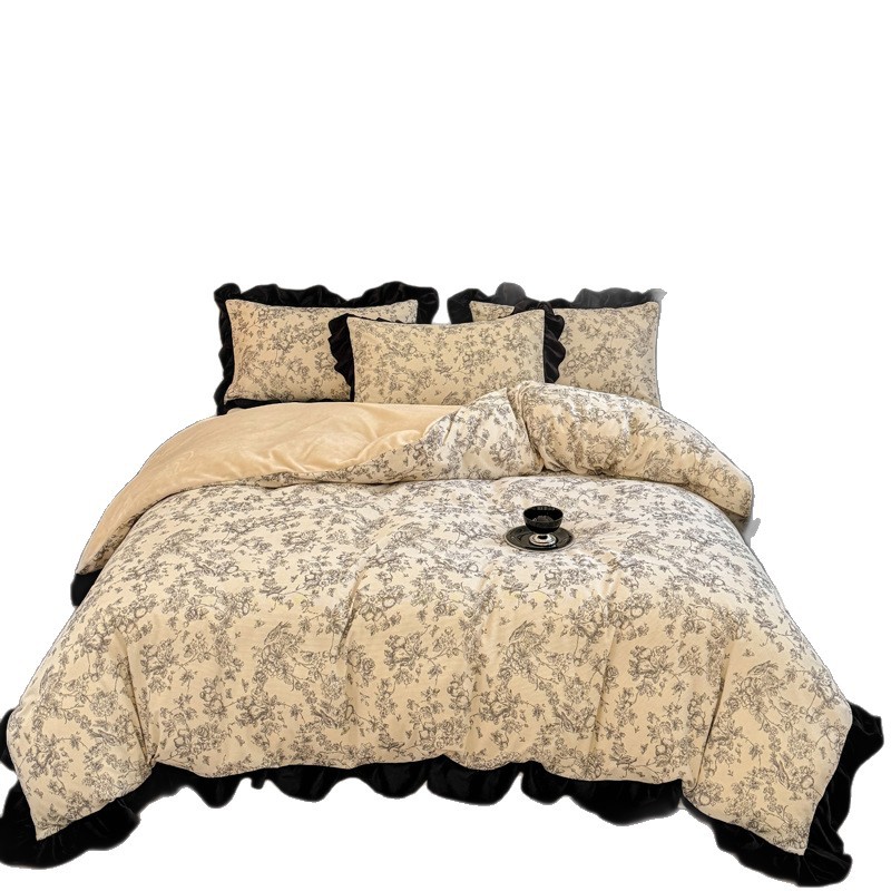 Conjunto de quatro peças de veludo cotelê leve e luxuoso em estilo boho vintage nórdico francês, com renda, lençol de alta qualidade em veludo cotelê estilo princesa, capa de edredom e_voghion.com