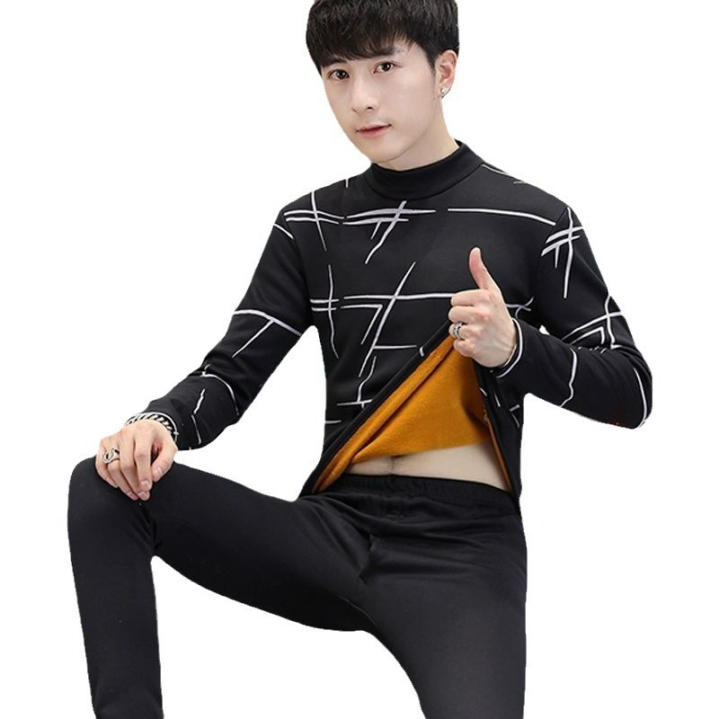 Men's Thermal Base Layer Autumn and Winter Fleece Thickened Thermal Underwear Set for Teenagers Trendy Men's Thermal Underwear Set