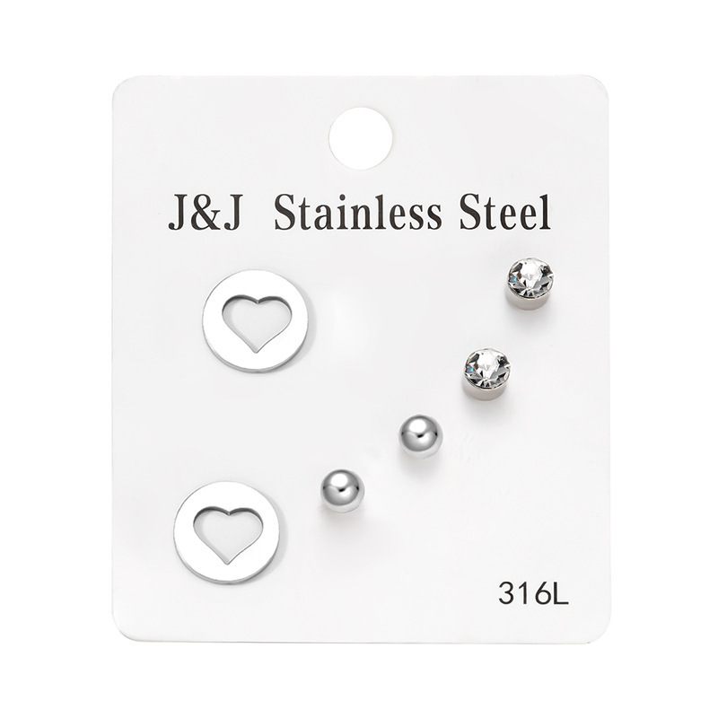 Hot Selling New 3 Pairs Of Heart-shaped Diamond Inlaid Combination Card Set Korean Version Fashionable Earrings_voghion.com