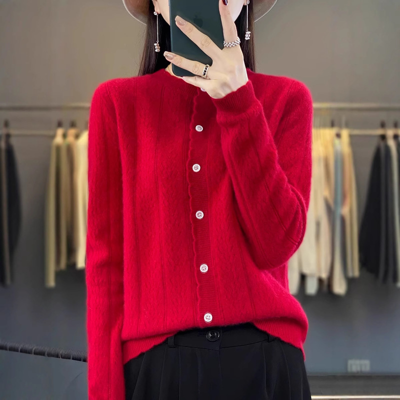 100% Pure Wool Wheat Ear Cardigan for Women, New Autumn and Winter Loose Outer Knitwear, Lazy Top