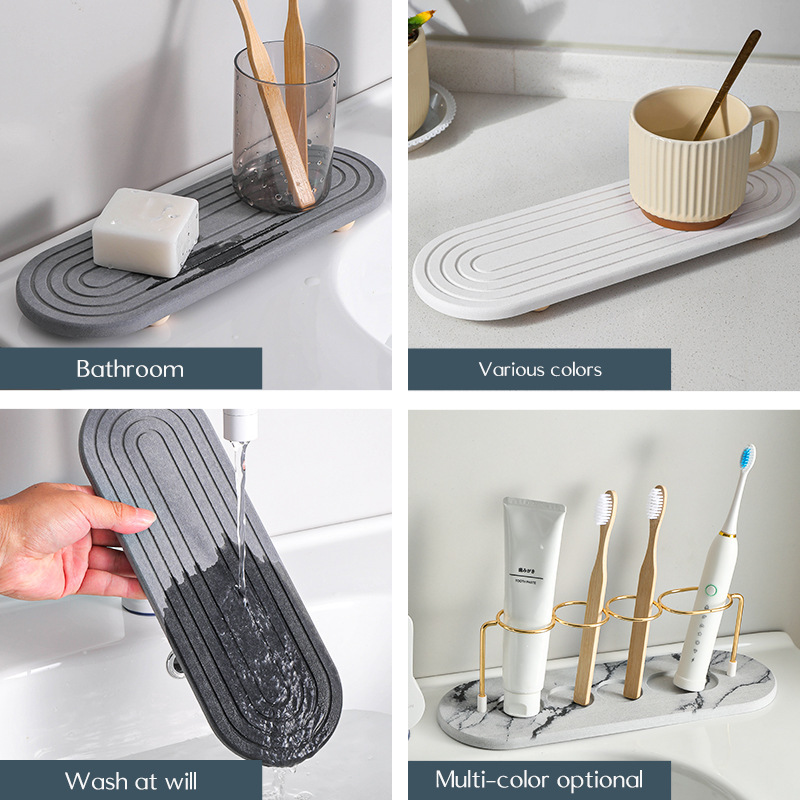 Almohadilla de secado instantáneo de tierra de diatomeas transfronteriza, estante de almacenamiento de fregadero, posavasos de drenaje, pies de bambú, bandeja pequeña de secado rápido para baño