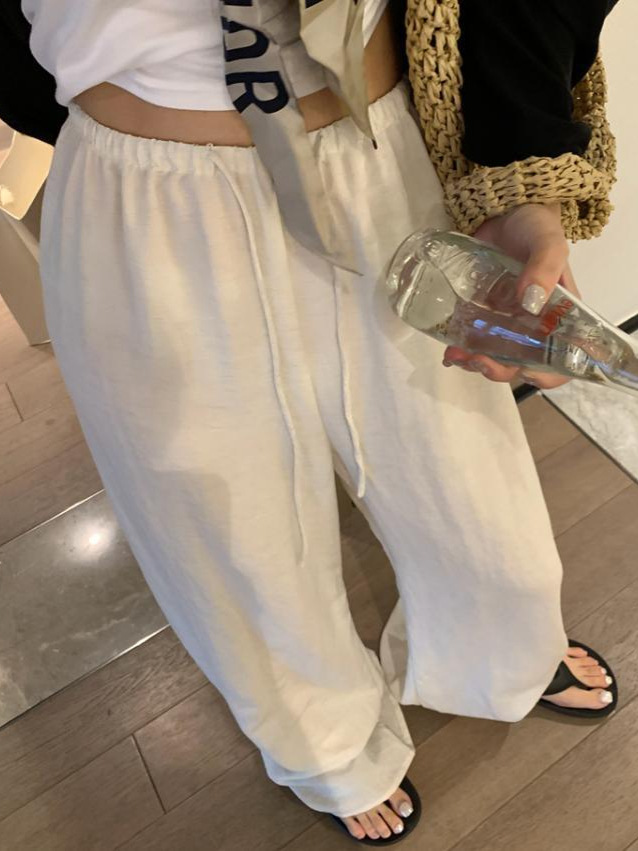 Quần culottes nữ ống rộng cạp chun rút dây chất liệu linen phối tencel dáng dài mùa hè — màu đen, Trà trắng, xanh lam