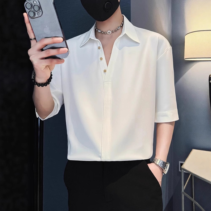 New Fashion Drop Shoulder Ice Silk Quarter Sleeve Shirt Short Sleeve Men's Trendy High-End Loose Casual Versatile Top