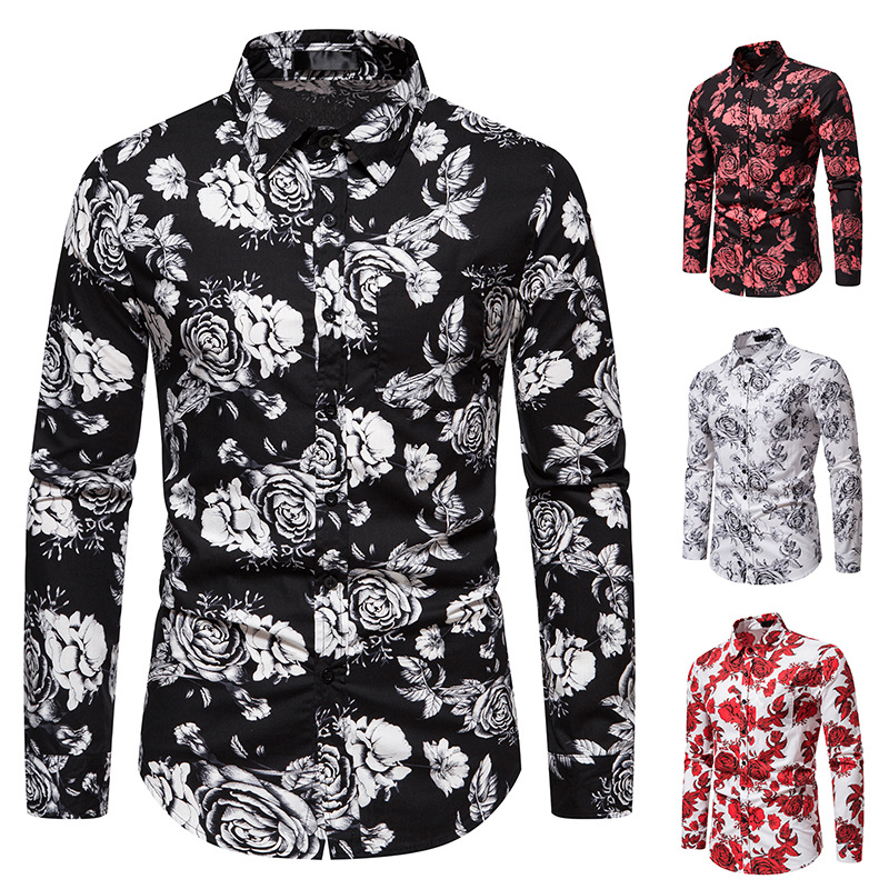 Men's rose print casual long sleeved shirt C08_voghion.com
