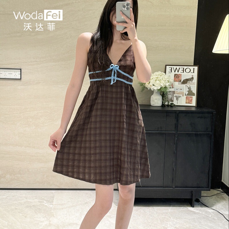Triangle Cup Gathered Bust Backless Rayon Slip Dress Summer New Cotton Silk Skin-Friendly Thin Homewear Simple Plaid Nightgown