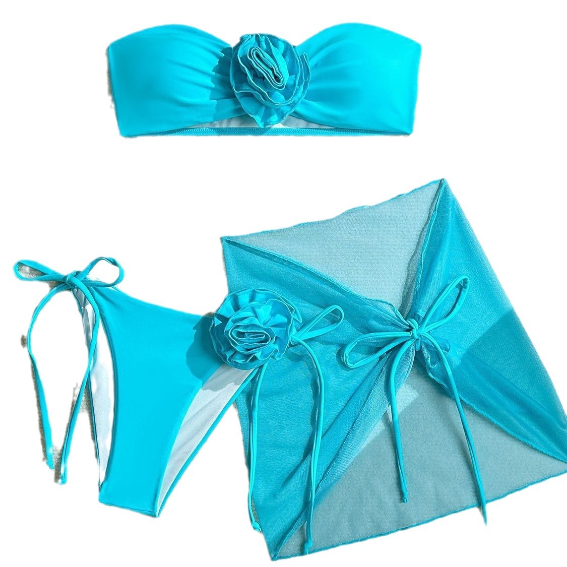 2024 nuevo traje de baño de tres piezas de venta caliente para mujer top de tubo con correas de flores grandes tridimensionales tanga traje de baño de playa sexy