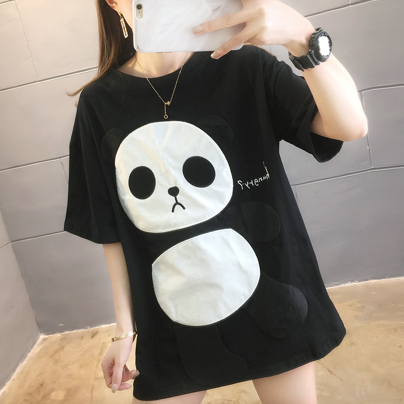 New Korean Panda Short Sleeve Student Medium Long Loose T-shirt