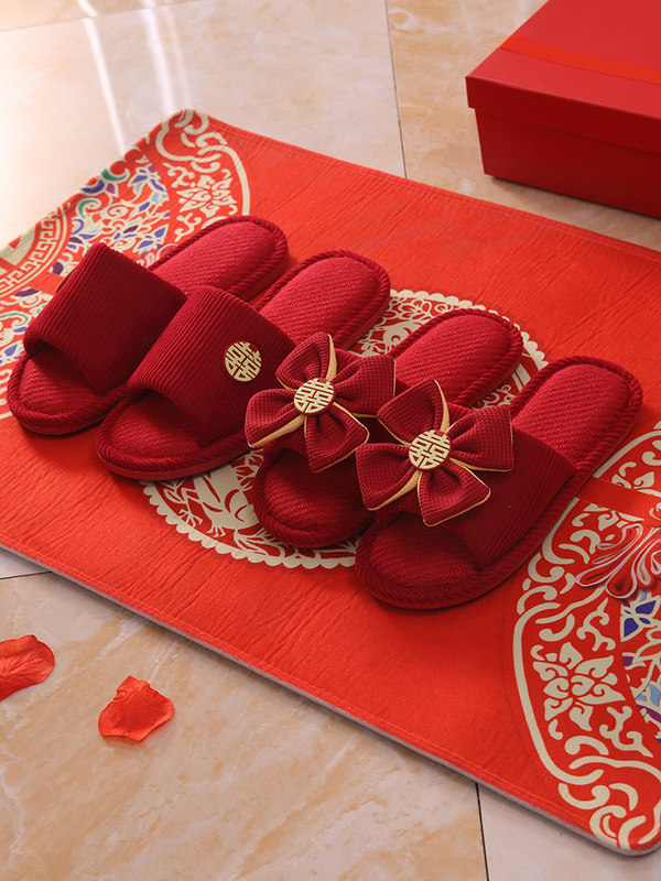 Wedding Slippers for Couples 2025, Festive Burgundy Bride's Dowry, Light Luxury High-End Linen Slippers Wedding Slippers for Couples 2025, Festive Burgundy Bride's Dowry, Light Luxury High-End Linen Slippers