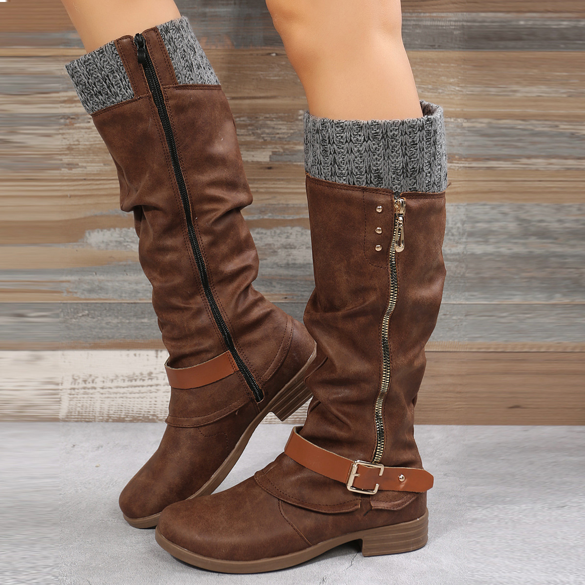 New chunky heel side zip stitching boots for women_voghion.com