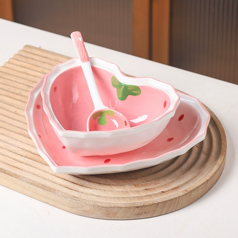 Brand strawberry, set heart shaped, ceramic dessert tableware