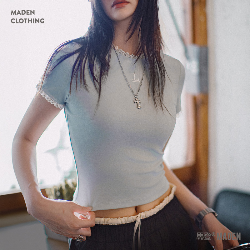 Madden 2025 New Light Blue Embroidered Lace Slim Short Right Shoulder Short-Sleeved T-Shirt Tops for Women