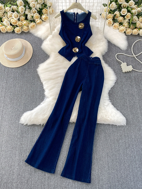 Fashionable and Stylish Design with Metal Buckle Round Neck Sleeveless Denim Vest + High-Waisted Wide-Leg Pants Set