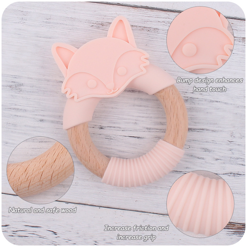 Bebé mordedor silicona animal anillo de madera mordedor Diente de dibujos animados animal Beech bebé zorro pulsera teether juguete