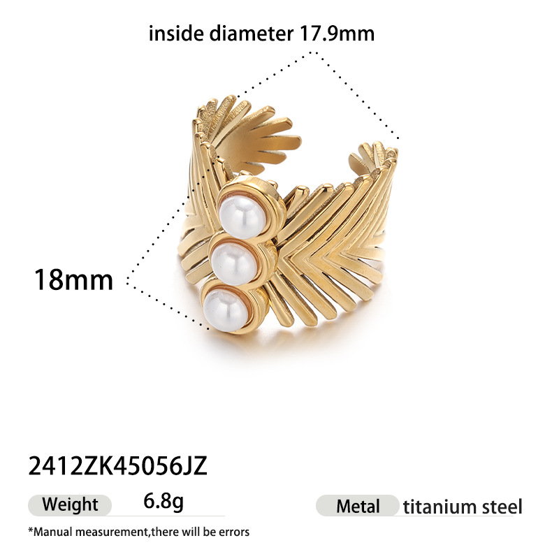 Anillo de acero inoxidable europeo y americano de Tena, sentido de nicho de alta gama, patrón de línea dorada, anillo de perlas de imitación, anillo de pareja, mujer