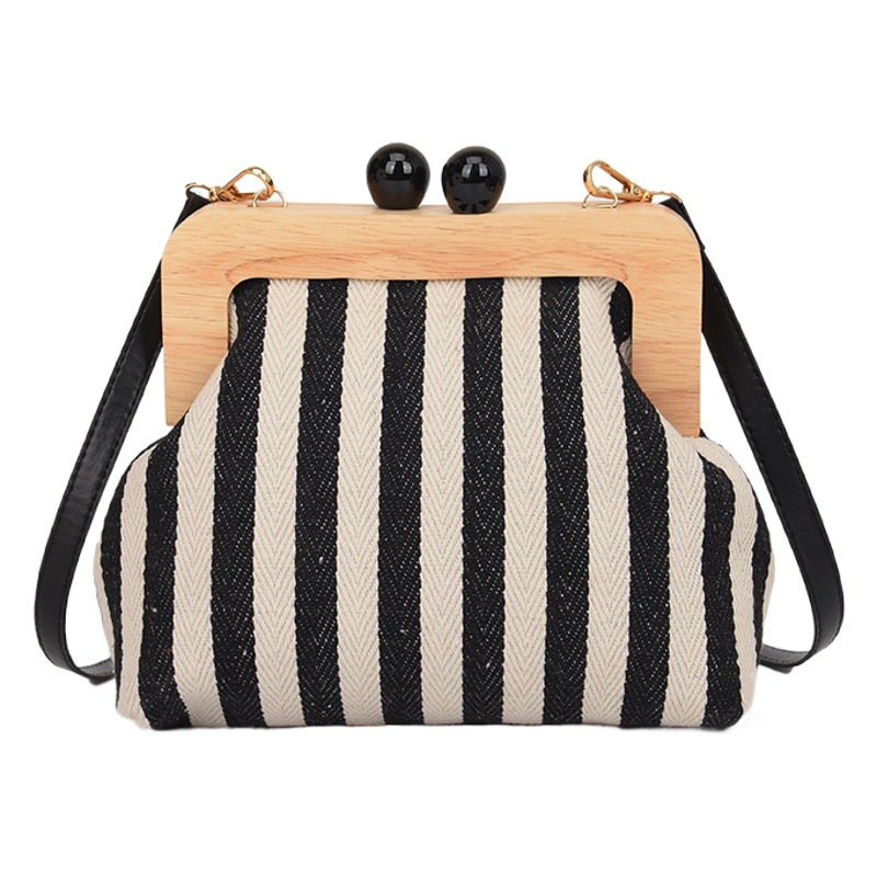 2023 nuevo bolso de las mujeres a rayas lienzo clip de madera embrague de moda exquisita Internet celebridad mismo estilo hombro bolsa de mensajero