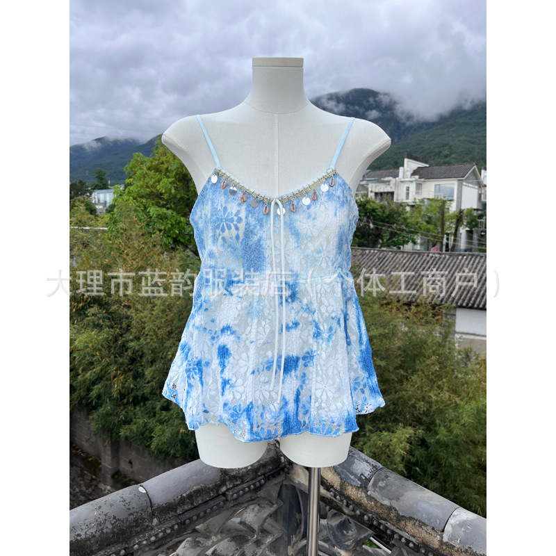 Dali Handmade Tie-Dye Blue-Dyed Lace V Neck Sequined Suspender Top for Travel and Photo Taking to Show Slimming Look and Niche Elegant
