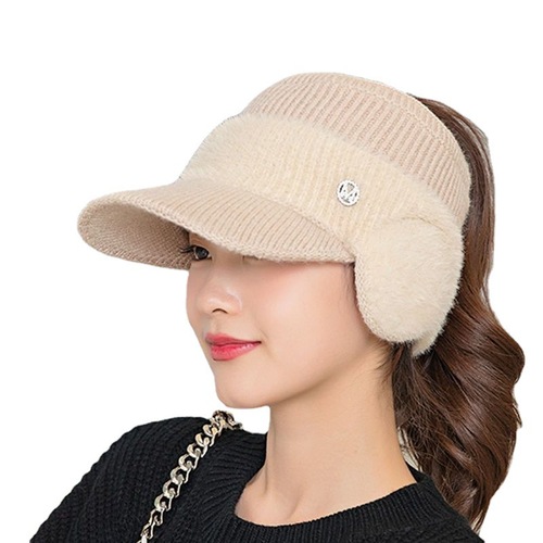 Autumn/Winter Cross-Border Women's Ear Protection Hat, Fashion Duckbill Cap, Hollow Top Polyester Wool Knitted Hat for Cycling and Cold Protection