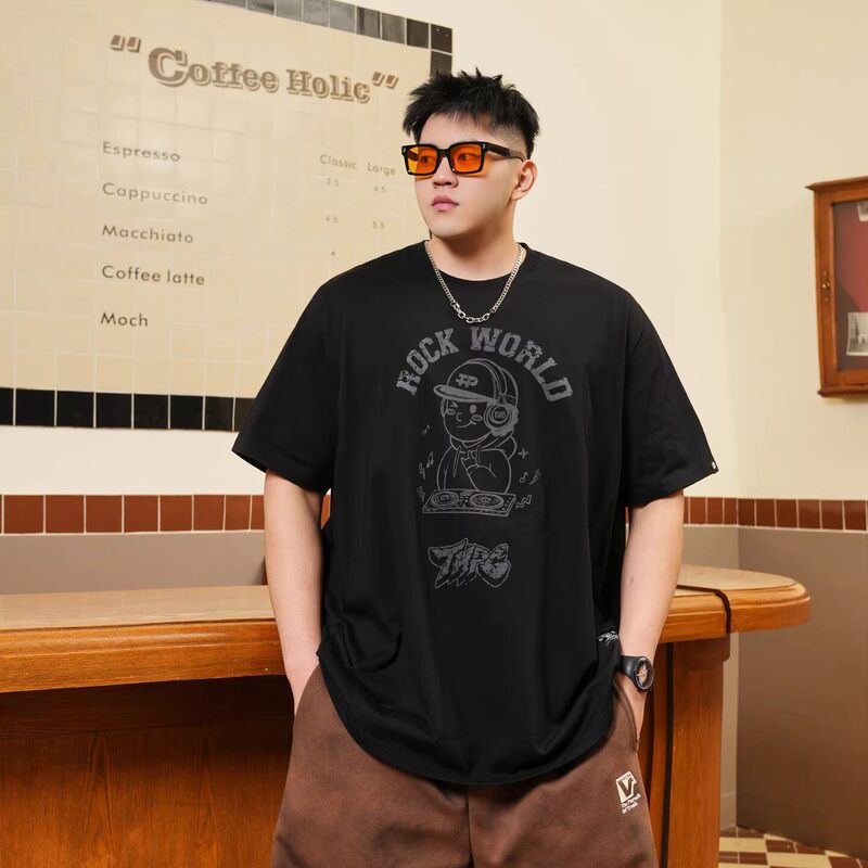 Trendy Plus-Size Men's Summer Loose Letter-Print Short-Sleeve T-Shirt, Pure Cotton, Extra Large Half-Sleeve Top
