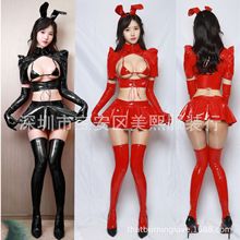 性感皮革捆绑SM情趣内衣荷叶裙激情漆皮皮尤恶魔油亮露乳装66451