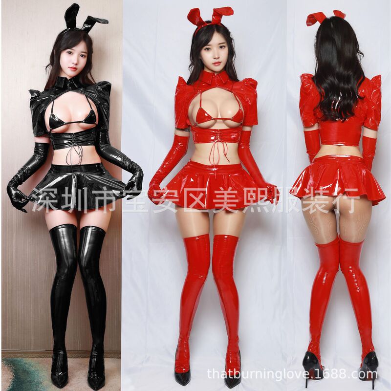 Sexy Leather Lingerie Lotus Leaf Skirt Patent Leather Devil Outfit 66451 Sexy Leather Lingerie Lotus Leaf Skirt Patent Leather Devil Outfit 66451