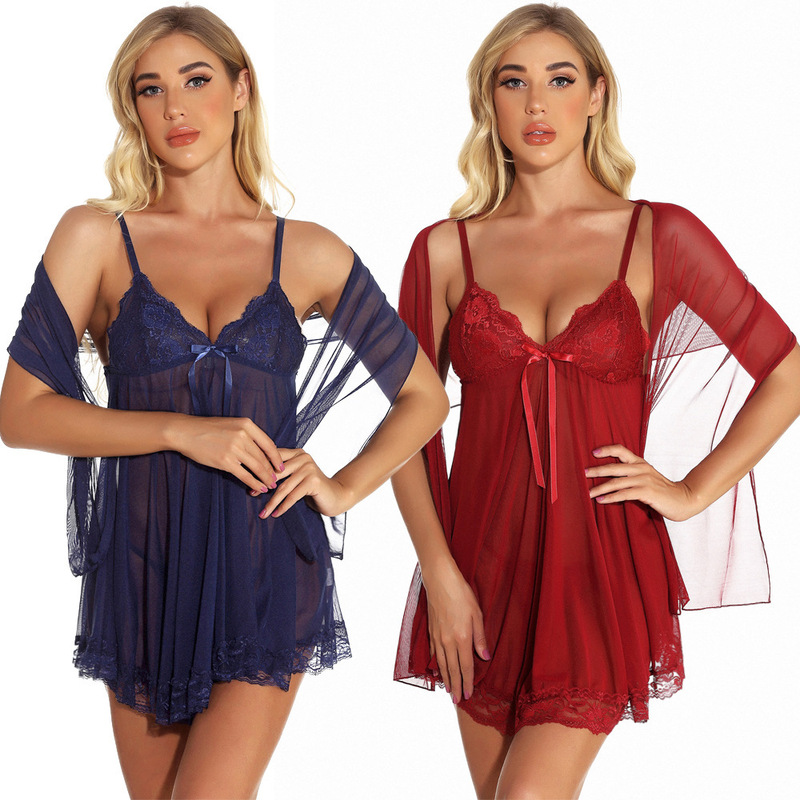 S-6xl plus size European and American sexy lingerie sexy transparent lace mesh strap sexy nightdress three-piece set