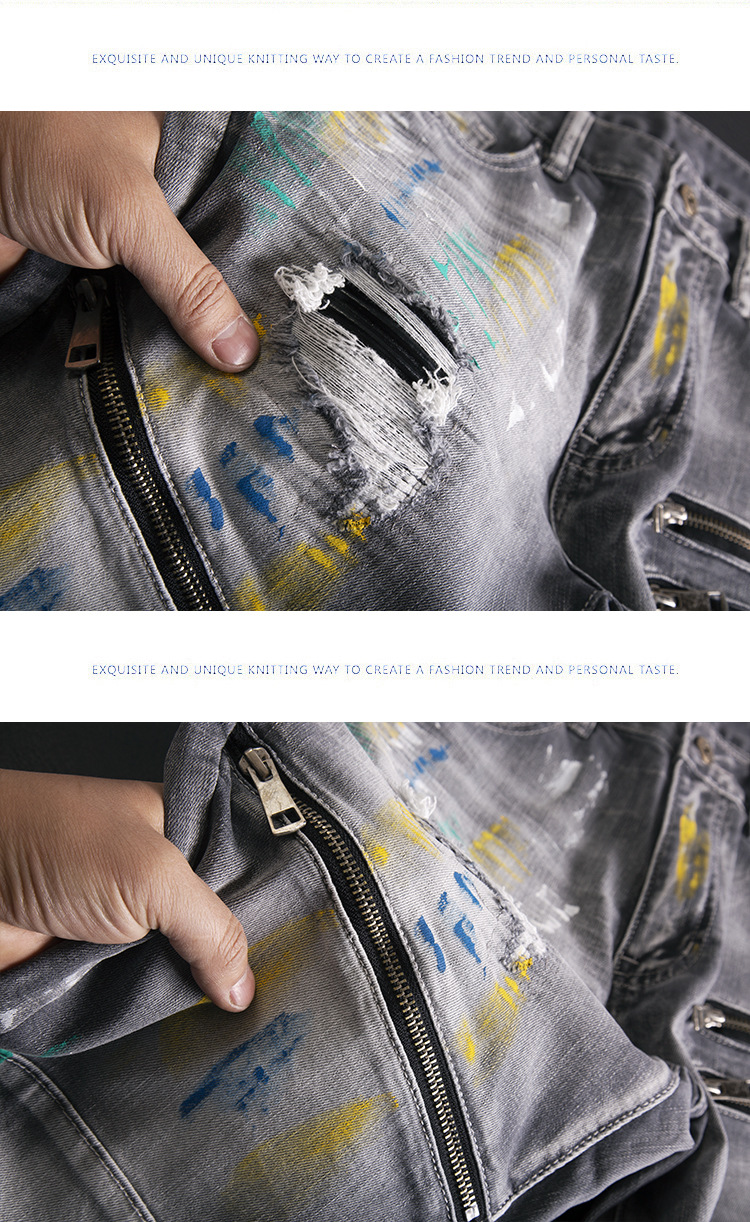 Men’s Slim Fit Ripped Patchwork Jeans With Graffiti Print Retro_voghion.com