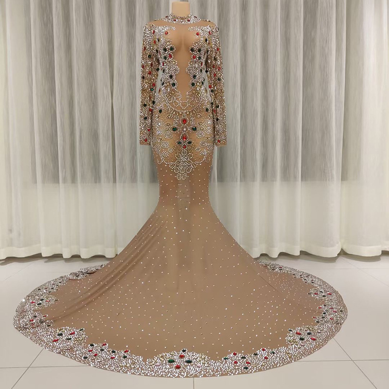 Diamond Wedding Long Dress Performance Costume High-End Dress Birthday Outfit Luxury Gift Long-Sleeve Gown with Train for Host